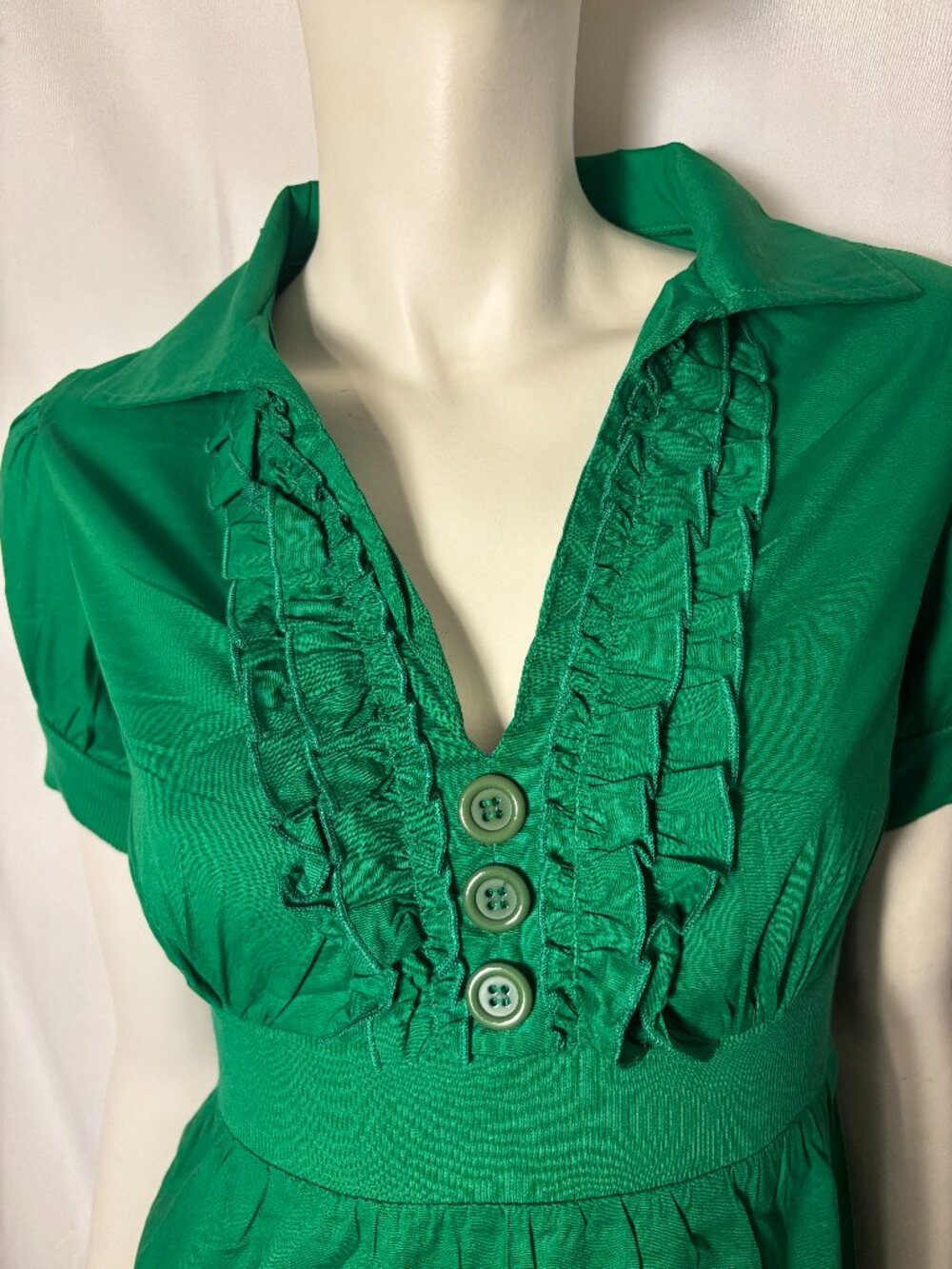 BeBop Green Ruffle Mini Dress Size Medium Y2K Puff Sleeve Collared Dress